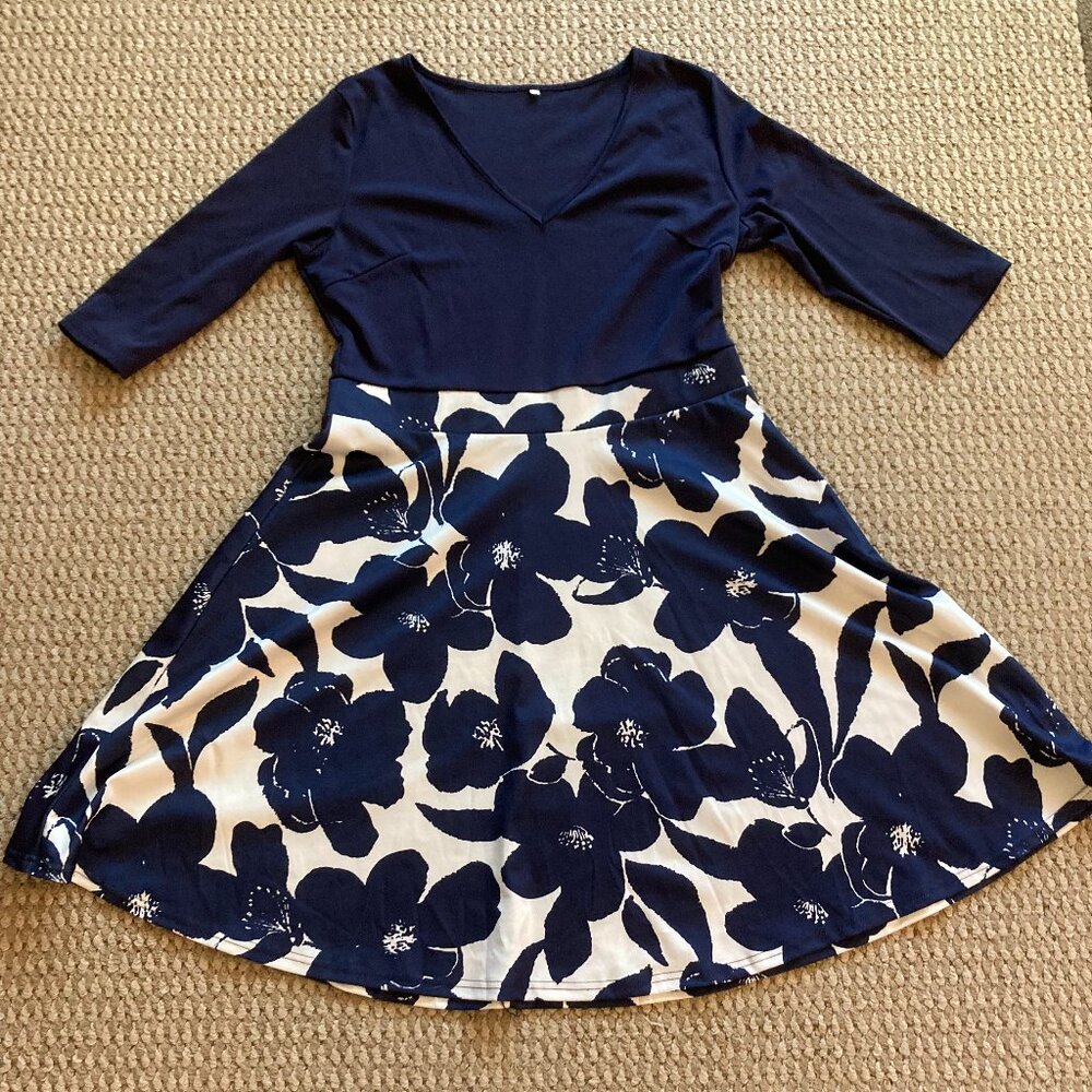 Womens Casual Floral V-Neck T-Shirt Dress Loose Fit Short Sleeve Size XL Blue